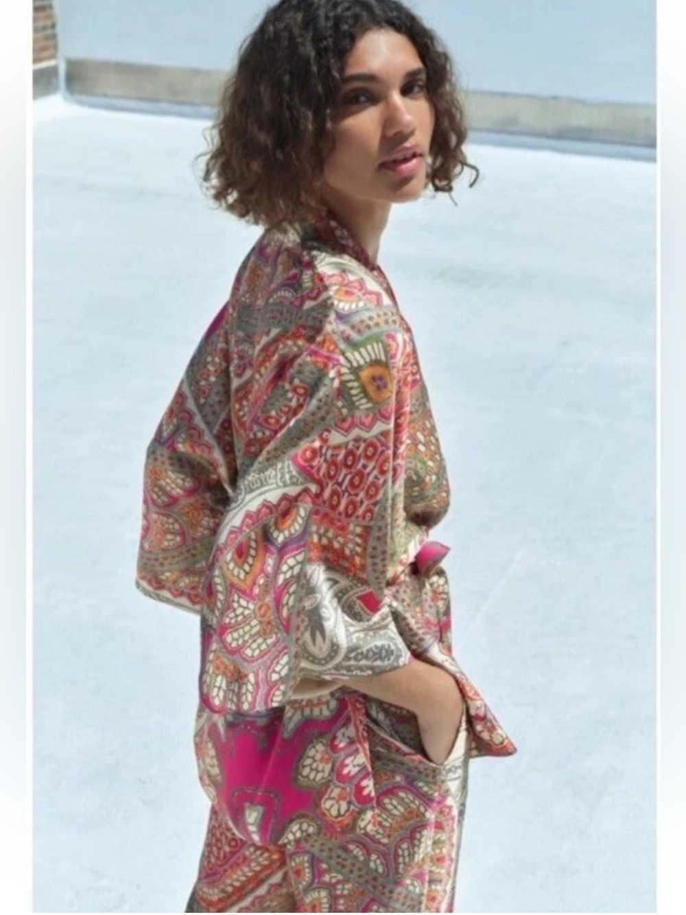 Zara Pink Paisley Print Satin Tie Waist Kimono Jacket & Pants M/L *Missing Belt